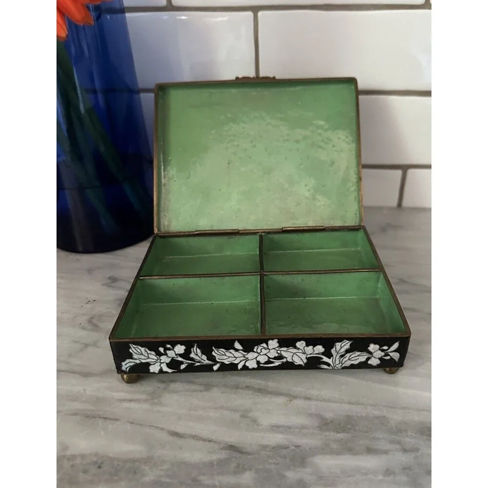 Early 20th Century Chinese Floral Cloisonné Cloisonne Black Box Brass Enamel
